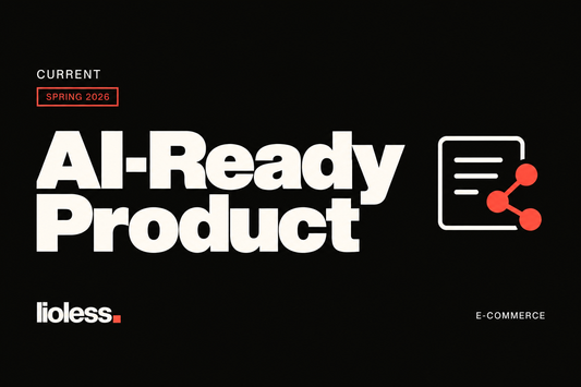AI-Ready Product — Lioless Current cover with a product-data card and connected nodes.