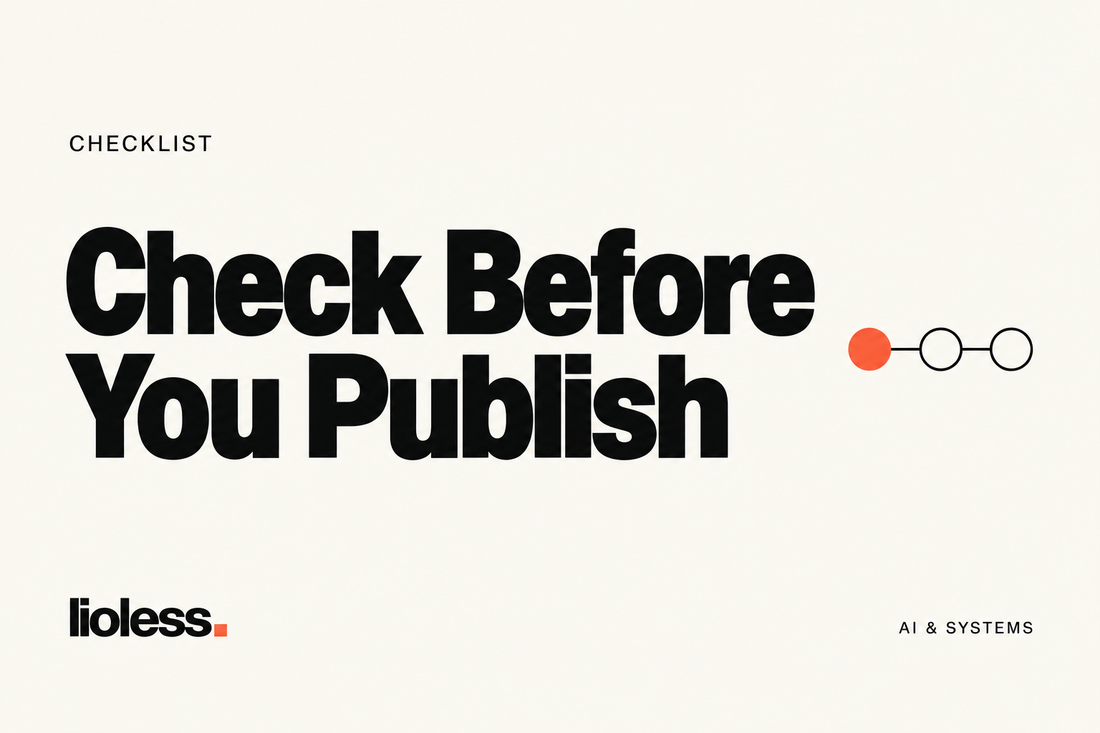 Check Before You Publish, with Lioless’s connected-circle AI & Systems mark.